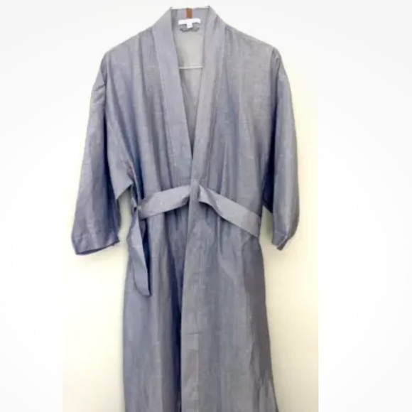NWOT 💙🤍 Lunya Resort Linen Silk Kimono Robe pinstripe Blue and White - Picture 8 of 8
